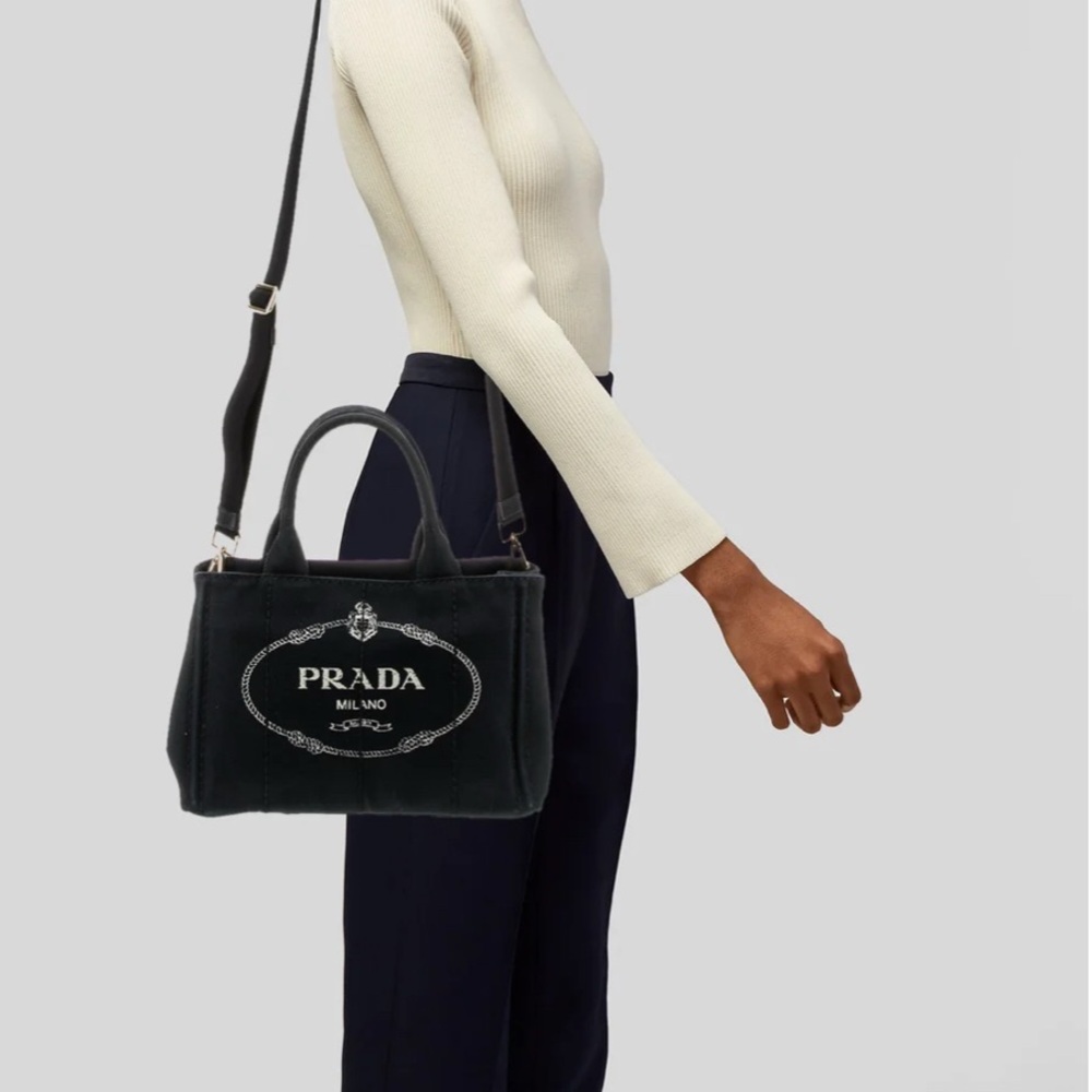 Prada Canapa Black Tote with front Embroidered Brand Logo w/  Authenticity card - Picture 3 of 16